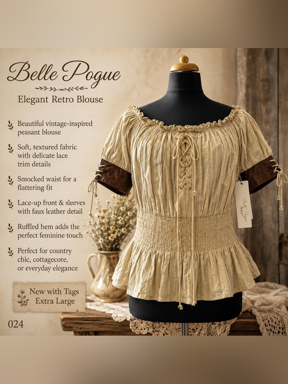 Belle Pogue Cream Peasant Blouse with Lace-Up Detail